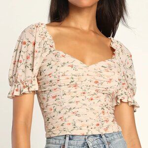 Blush Floral Print Ruched Short Sleeve Top
